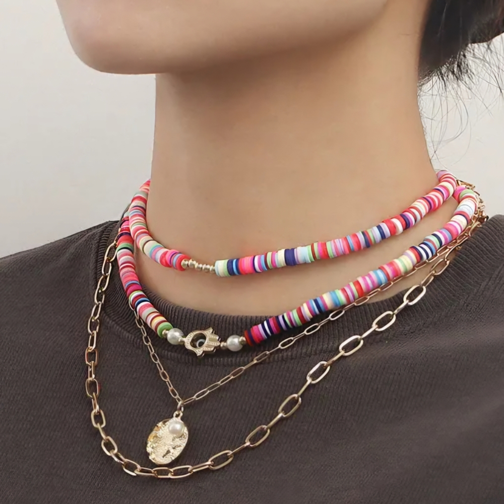 Multicolor Beaded Layered Necklace with Gold Chains - Picture 6 of 12